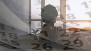 Mann wacht auf min Kalender Overlay - Morgenstimmung mit Blick aus dem Schlafzimmer - bewusste Alltagsstruktur vor dem Start in den Tag