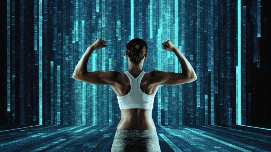 Starke Frau in futuristischer Matrix-Umgebung – Symbolbild für Biohacking, mentale Stärke und digitale Selbstoptimierung
