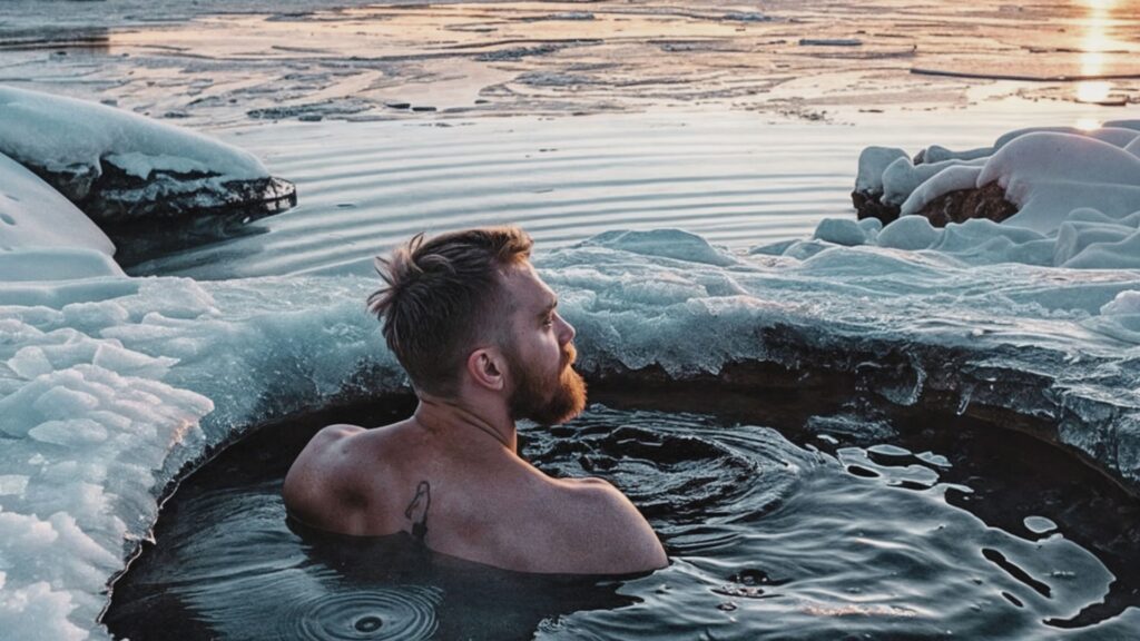 Mann beim Eisbaden in natürlicher Winterlandschaft – Teil der Kältetherapie