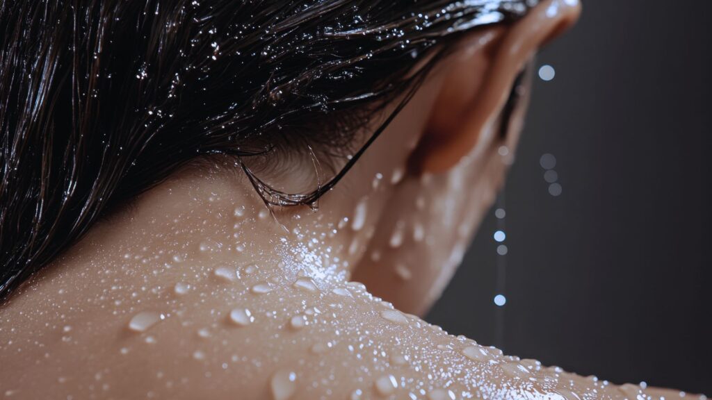Wassertropfen auf der Haut nach kalt Duschen – Detailaufnahme zur Verdeutlichung des Kältereizes