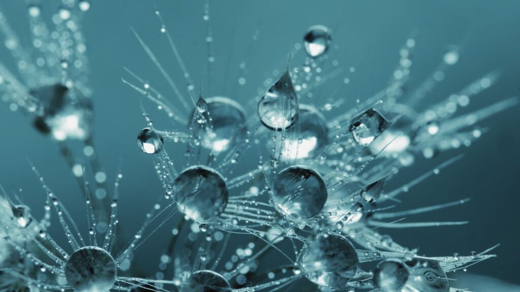 Kalte Wassertröpfchen mit Eiskristallen – ästhetisches Symbolbild für Kälte und Frische
