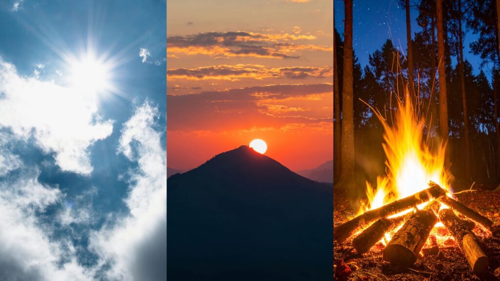 Natürliches Licht im Tagesverlauf: helles Sonnenlicht am Tag, warmes Abendlicht beim Sonnenuntergang und Feuerlicht als ruhige Lichtquelle am Abend.