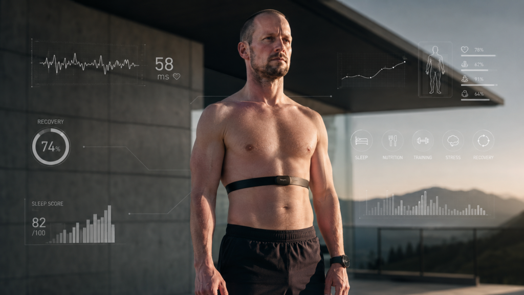 Mann mit Brustgurt und Smartwatch steht im Sonnenlicht vor modernem Gebäude, umgeben von eingeblendeten Gesundheits- und Tracking-Daten zu Schlaf, Erholung, Vitalwerten und Training.