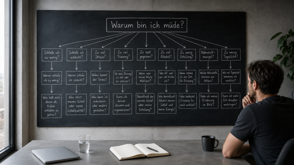 Minimalistische Tafel mit der Frage „Warum bin ich müde?“ und weiterführenden Gesundheitsfragen als Symbol für Biohacking, Ursachenforschung, Selbstbeobachtung und das bessere Verstehen des eigenen Körpers.
